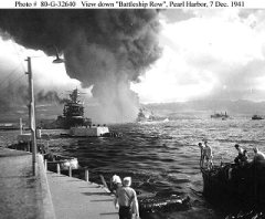 View down Battleship Row, Pearl Harbor, 7 December 1941 - photo from the Naval Historical Center archives